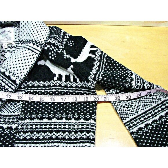 CAMBRIDGE Dry Goods LambsWool Cardigan Open Front Sweater Reindeer Black White M - Picture 7 of 10